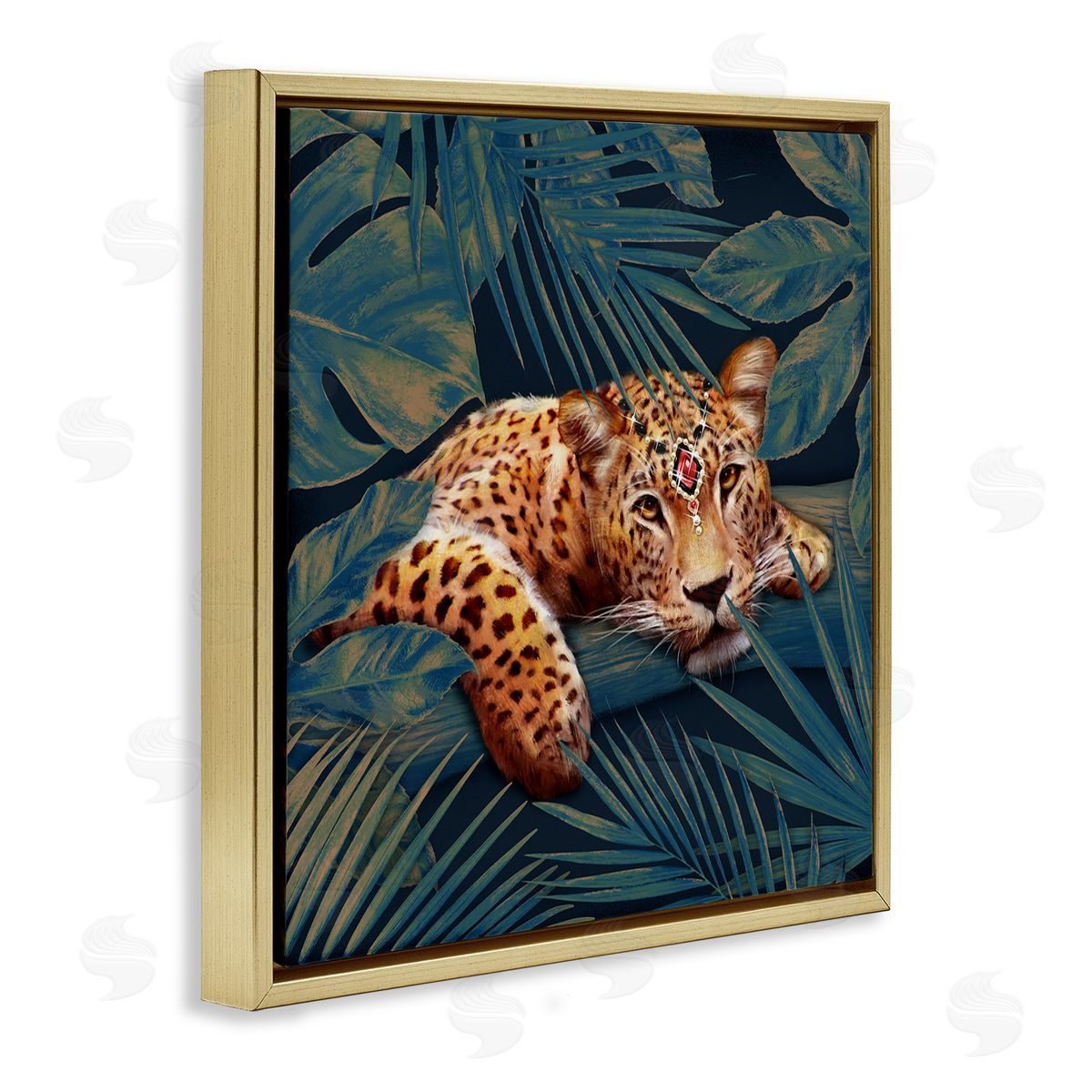 Tropical Leopard with Glitz Gem Gold Floating Frame Canvas Wall Art, Home Decor by Ziwei Li