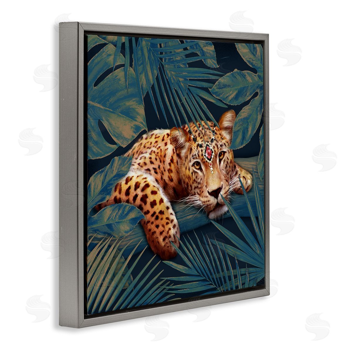Tropical Leopard with Glitz Gem Grey Floating Frame Canvas Wall Art, Home Decor by Ziwei Li