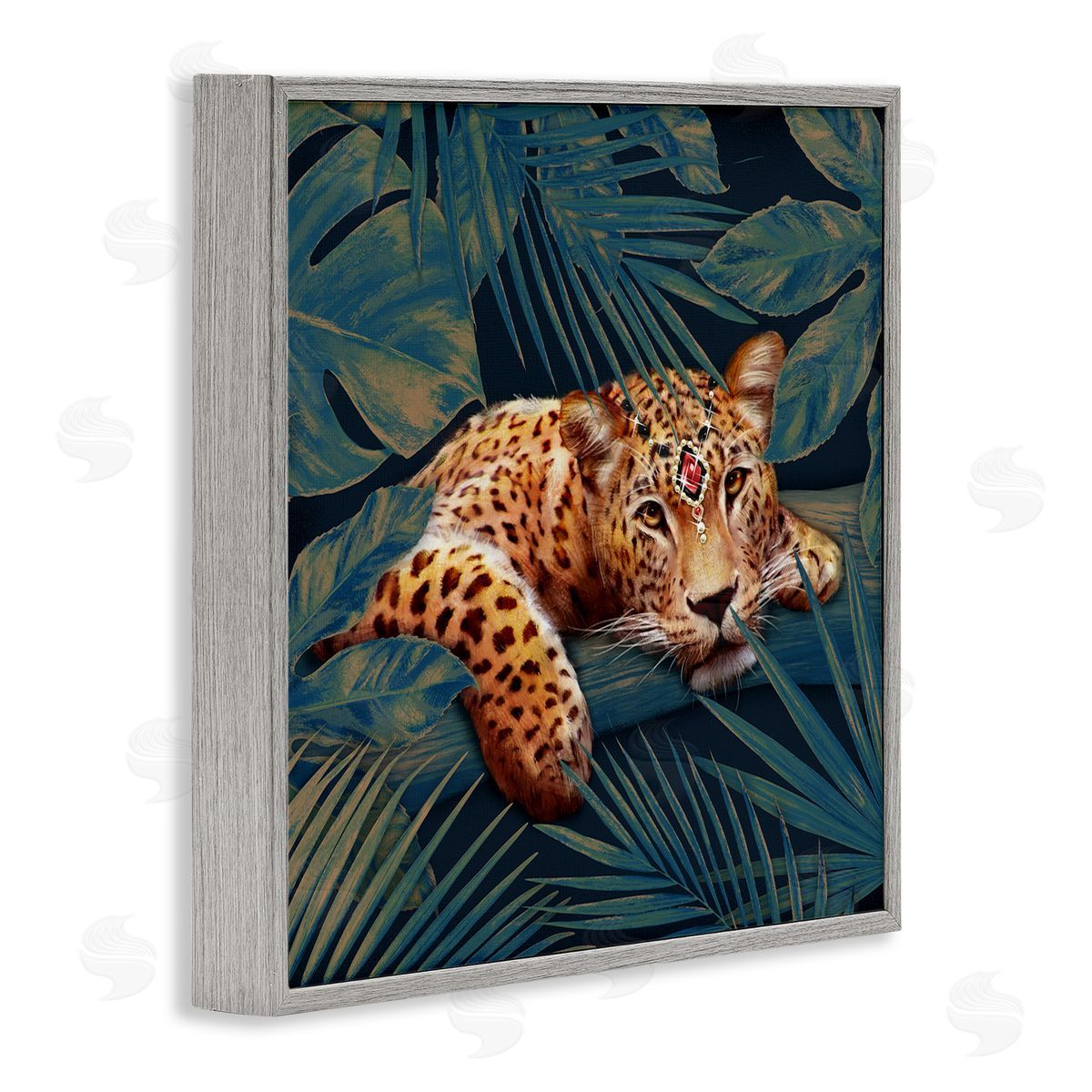 Tropical Leopard with Glitz Gem Grey Frame Print Wall Art, Home Decor by Ziwei Li