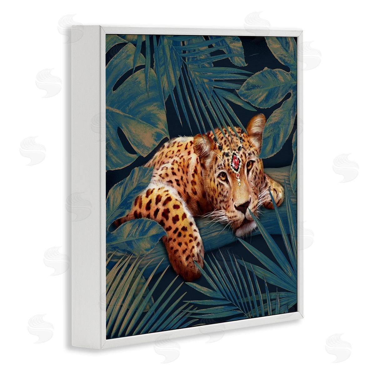 Tropical Leopard with Glitz Gem White Frame Print Wall Art, Home Decor by Ziwei Li