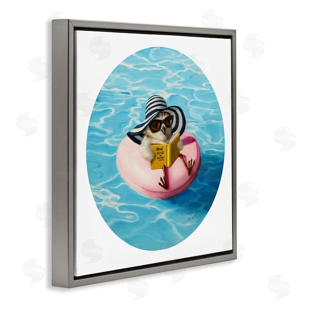 Lucia Heffernan Bird Reading Book Pool Float Beverly Hills Sun Hat Gray Floating Frame Canvas Wall Art Print