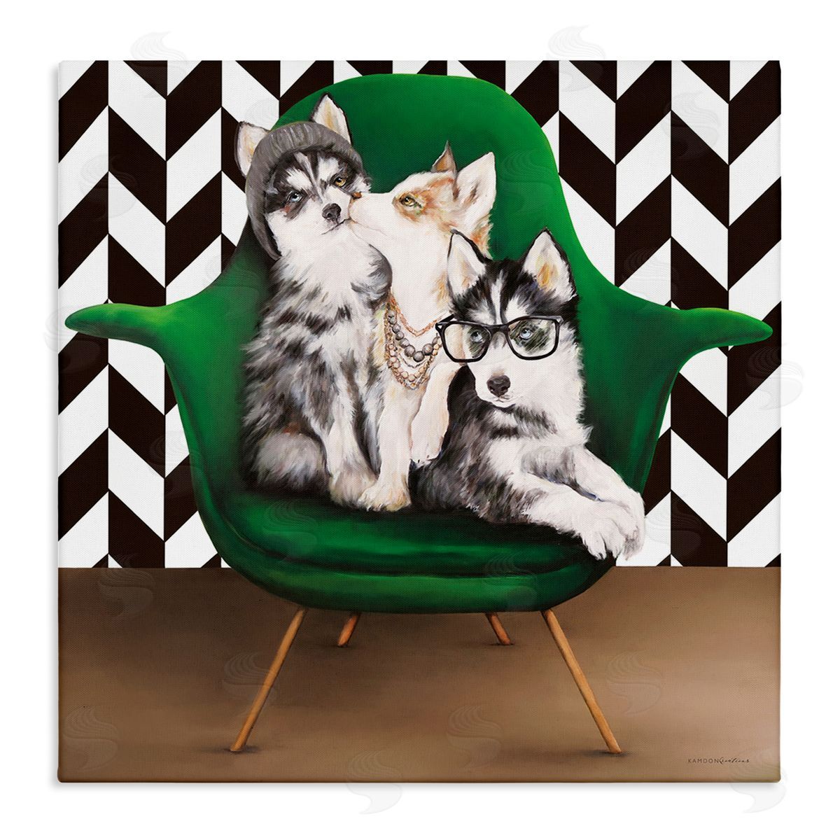 Kamdon Kreations Hipster Dogs Green Mod Chair Modern Room Interior Stretched Canvas Wall Art Print
