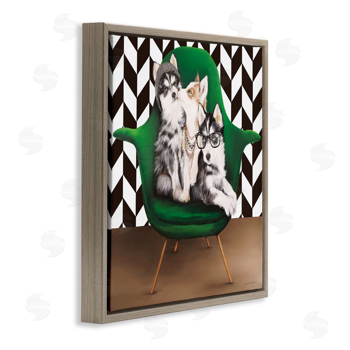 Kamdon Kreations Hipster Dogs Green Mod Chair Modern Room Interior Brown Floating Frame Canvas Wall Art Print