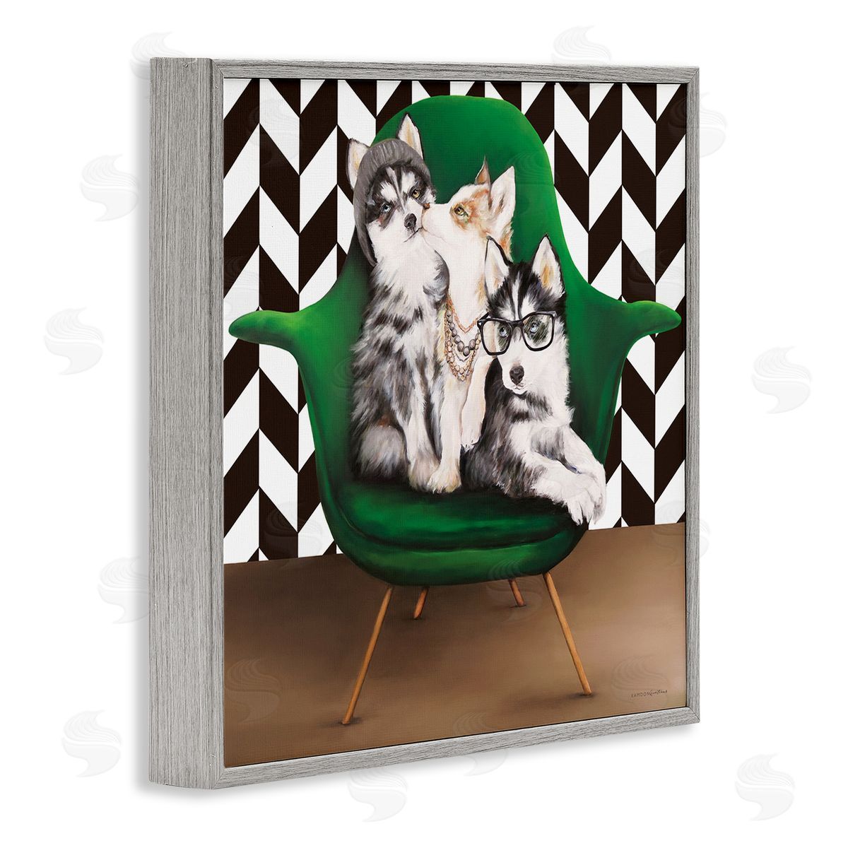 Kamdon Kreations Hipster Dogs Green Mod Chair Modern Room Interior Gray Framed Glicee Wall Art Print