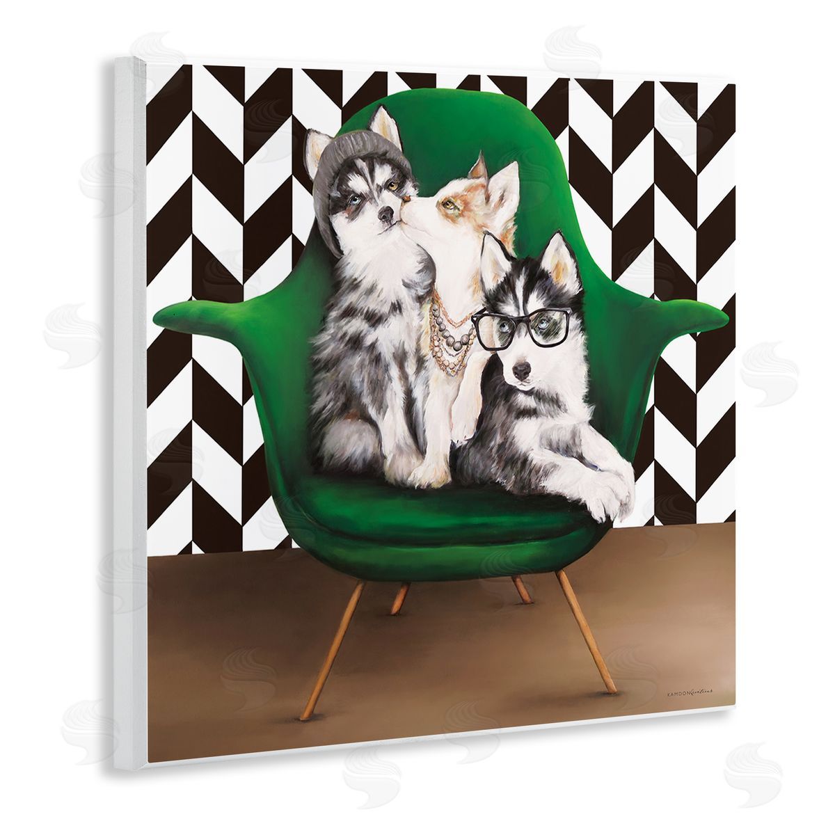 Kamdon Kreations Hipster Dogs Green Mod Chair Modern Room Interior Wooden Wall Plaque Art Print