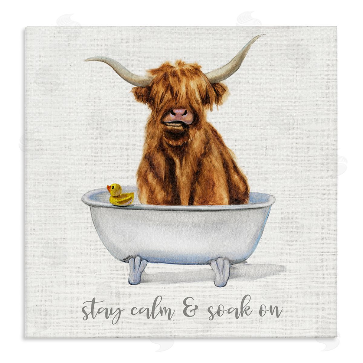 Donna Brooks Highland Cattle Bathtub Stay Calm Soak On Phrase Stretched Canvas Wall Art Print