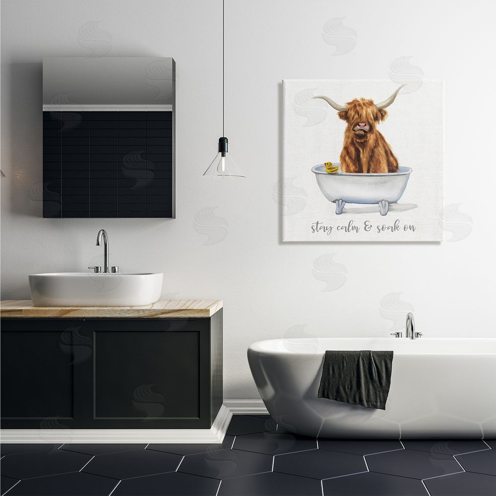 Donna Brooks Highland Cattle Bathtub Stay Calm Soak On Phrase Canvas Wall Art in Room