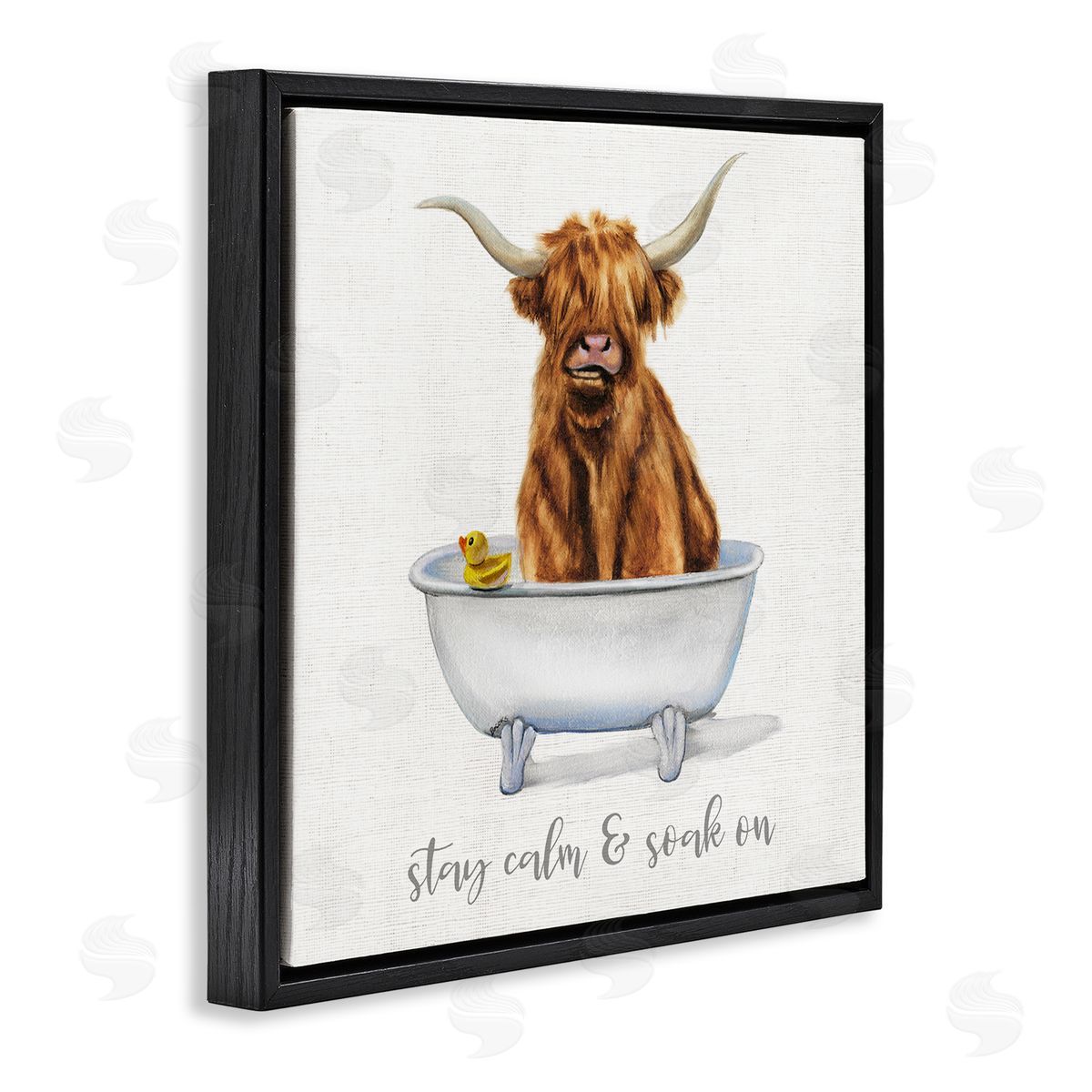 Donna Brooks Highland Cattle Bathtub Stay Calm Soak On Phrase Black Floating Frame Canvas Wall Art Print