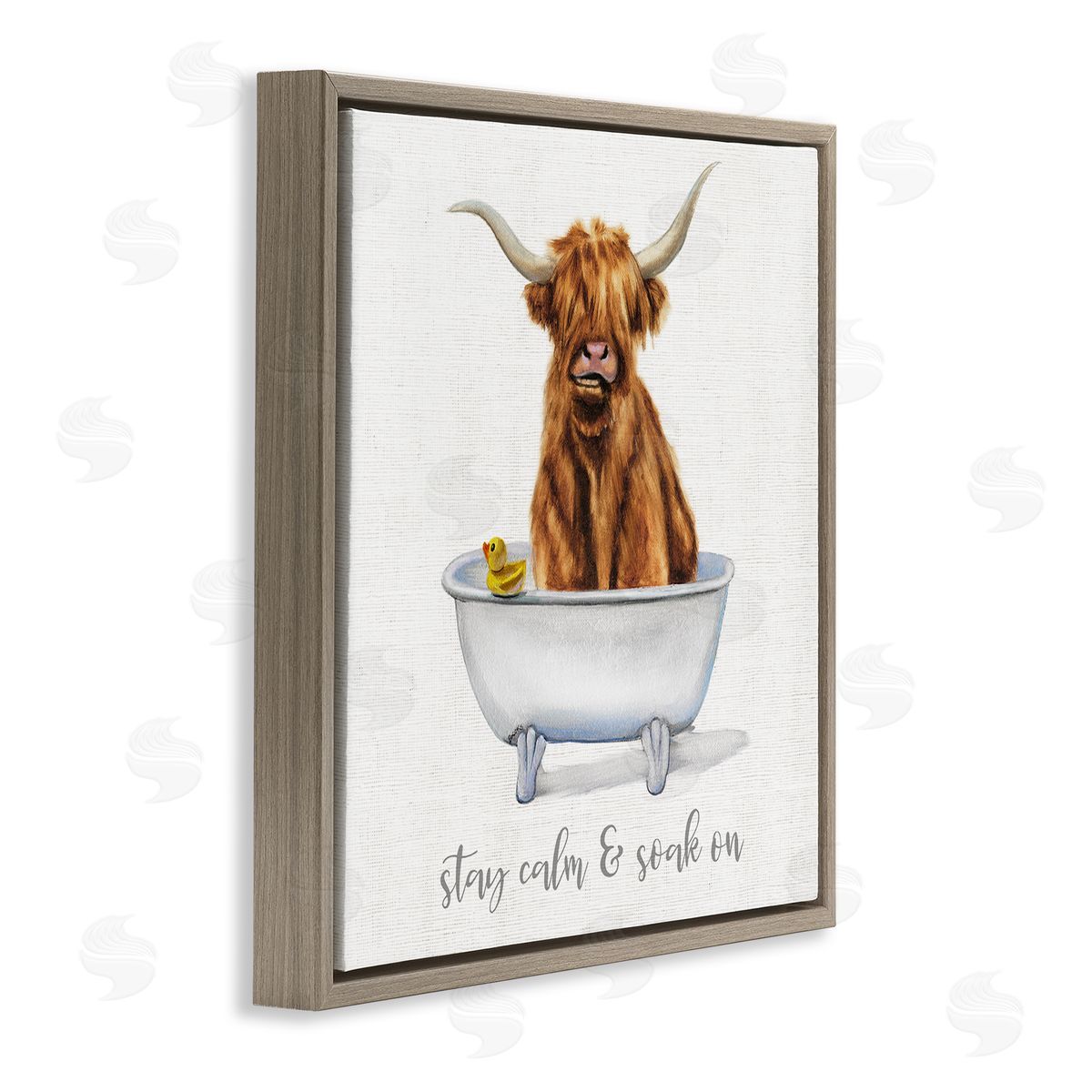 Donna Brooks Highland Cattle Bathtub Stay Calm Soak On Phrase Brown Floating Frame Canvas Wall Art Print