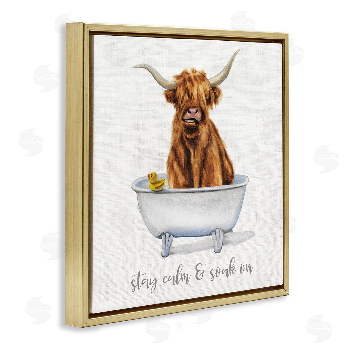 Donna Brooks Highland Cattle Bathtub Stay Calm Soak On Phrase Gold Floating Frame Canvas Wall Art Print