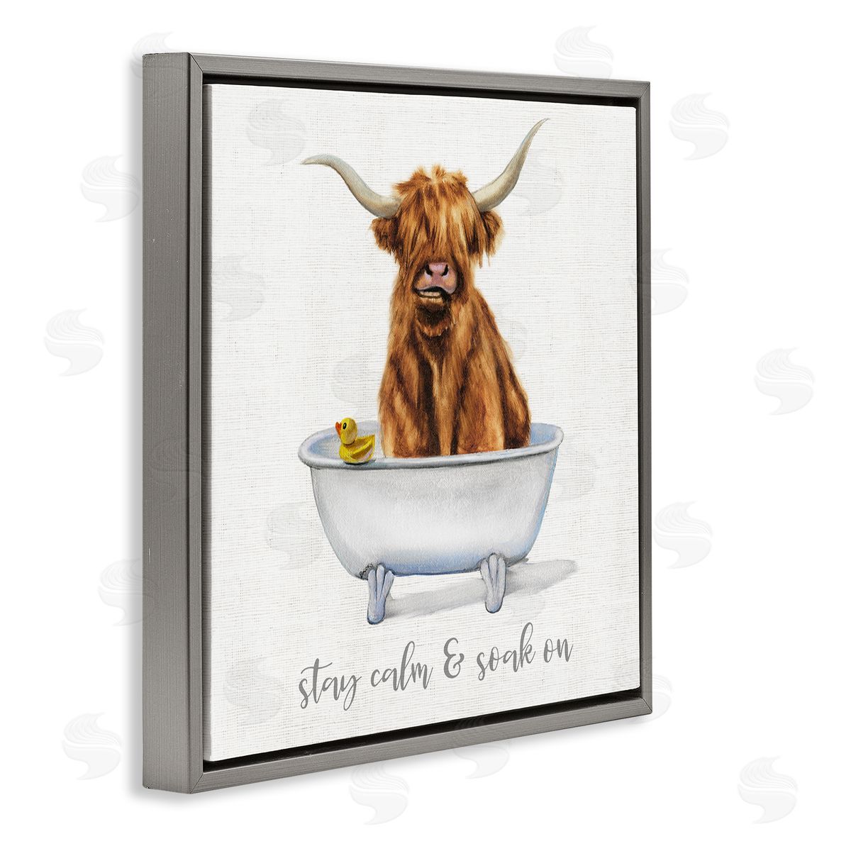 Donna Brooks Highland Cattle Bathtub Stay Calm Soak On Phrase Gray Floating Frame Canvas Wall Art Print