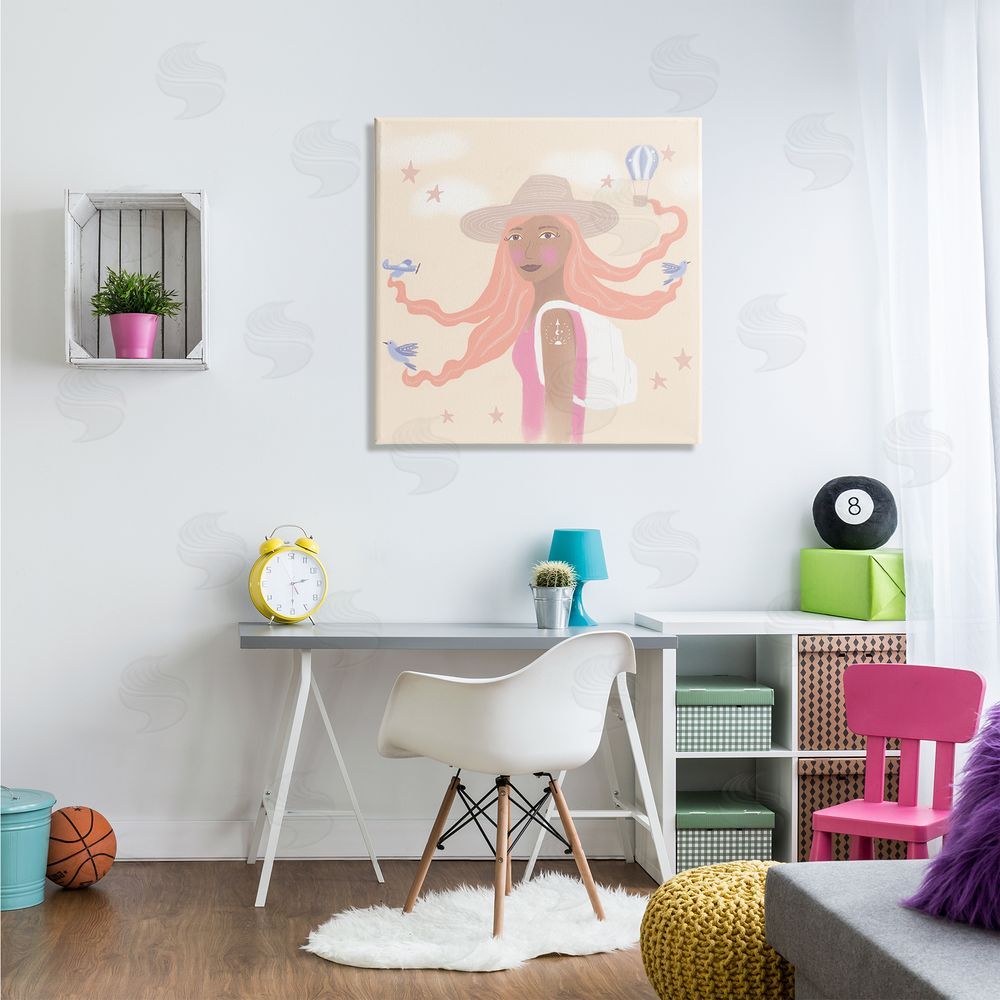 Tina Devins Girl Flowing Hair Birds Plane Hot Air Balloon Canvas Wall Art in Room