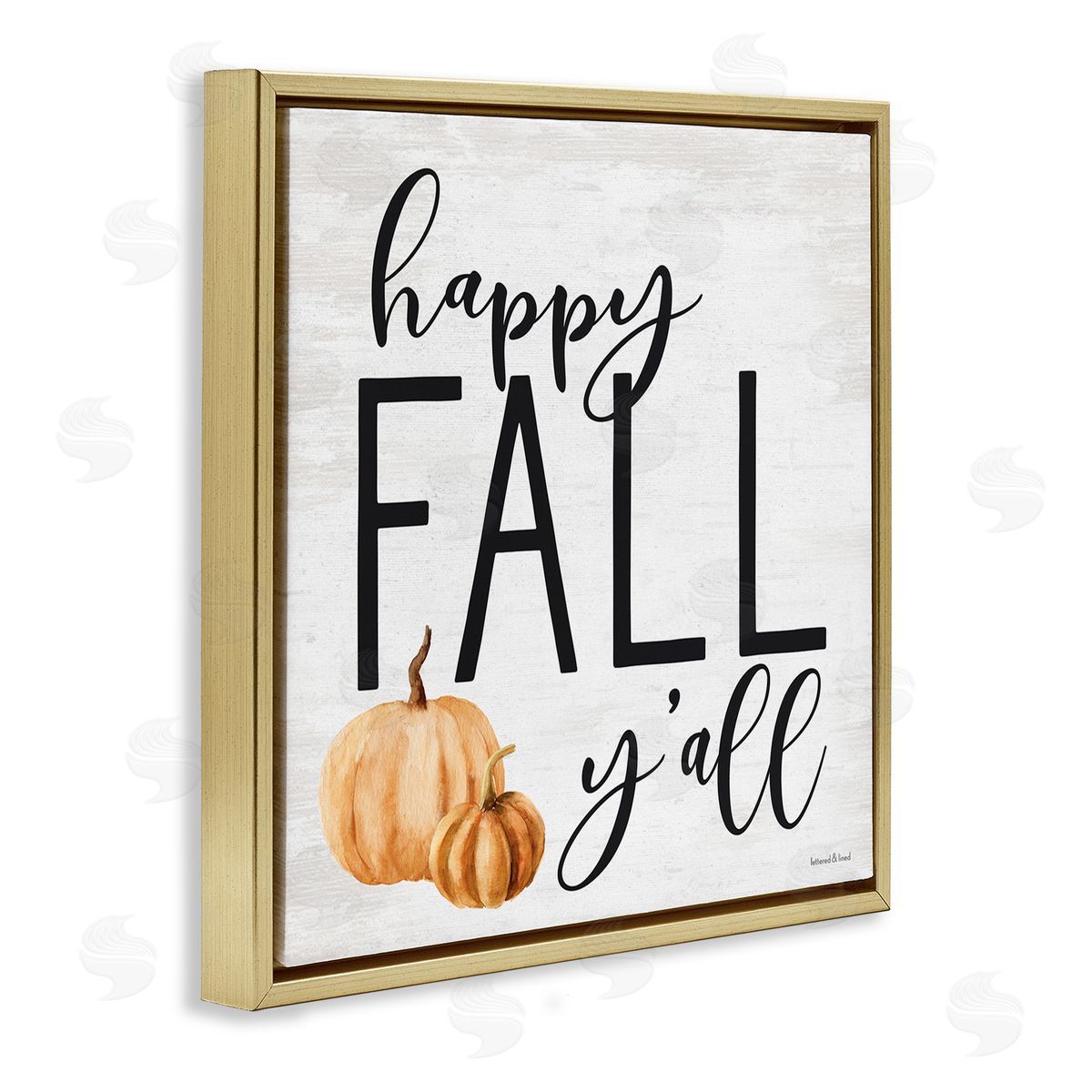 Lettered and Lined Happy Fall Y'all Phrase Orange Farm Pumpkin Gourd Gold Floating Frame Canvas Wall Art Print