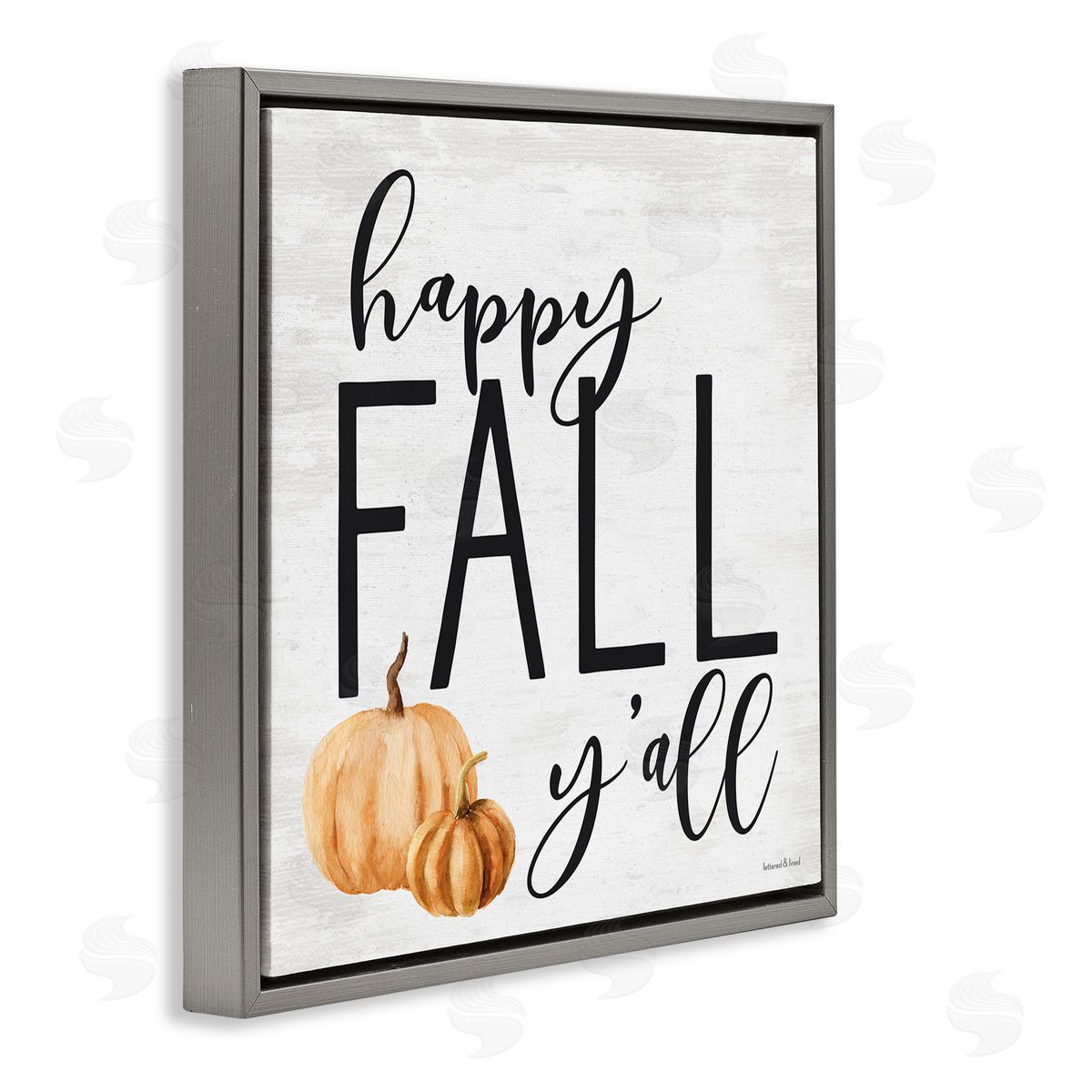 Lettered and Lined Happy Fall Y'all Phrase Orange Farm Pumpkin Gourd Gray Floating Frame Canvas Wall Art Print