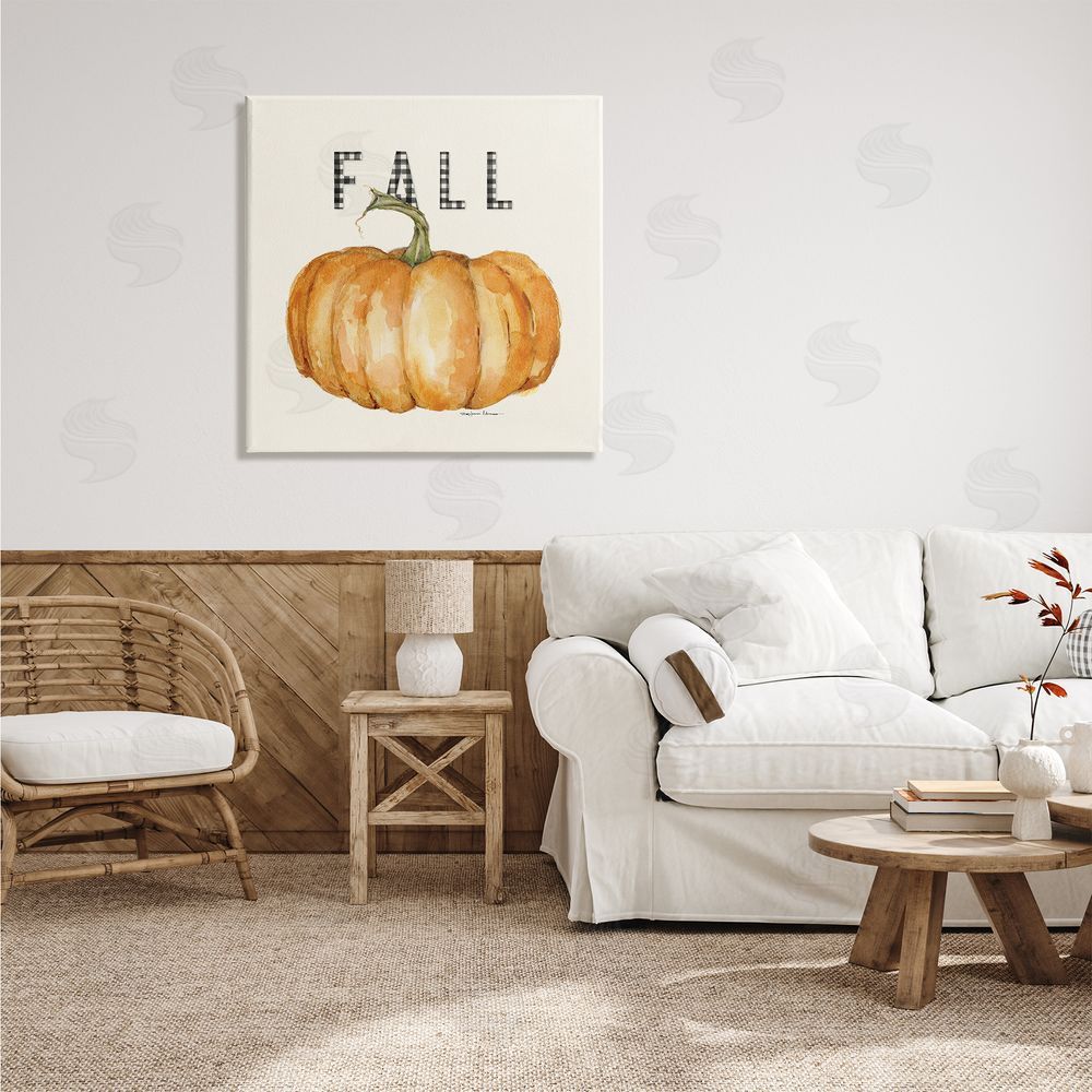 Stephanie Workman Marrott Fall Pumpkin Black Farm Plaid Typography Autumn Gourd Canvas Wall Art in Room