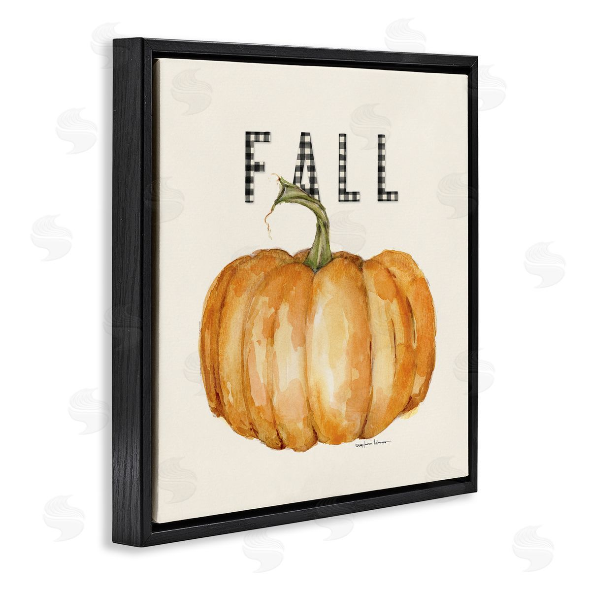 Stephanie Workman Marrott Fall Pumpkin Black Farm Plaid Typography Autumn Gourd Black Floating Frame Canvas Wall Art Print