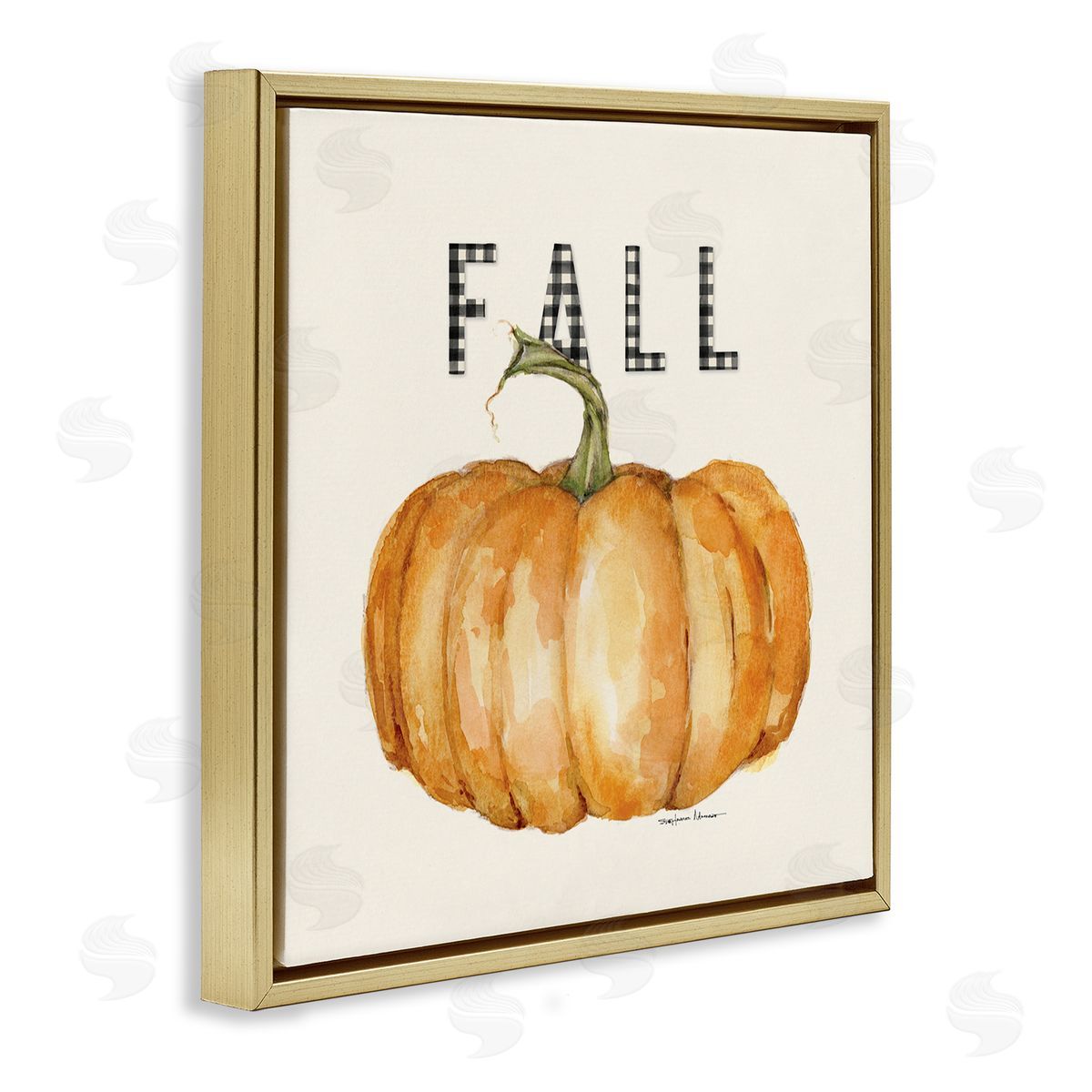 Stephanie Workman Marrott Fall Pumpkin Black Farm Plaid Typography Autumn Gourd Gold Floating Frame Canvas Wall Art Print