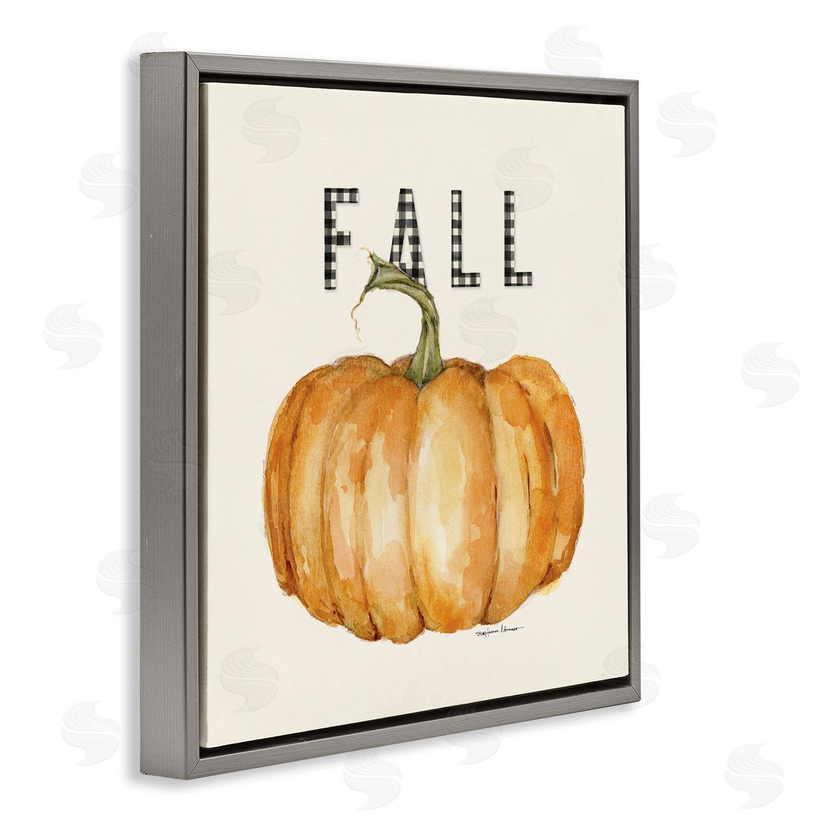 Stephanie Workman Marrott Fall Pumpkin Black Farm Plaid Typography Autumn Gourd Gray Floating Frame Canvas Wall Art Print