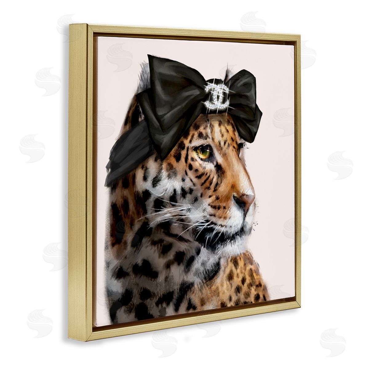 Ziwei Li Fashion Leopard Chic Animal Black Bow Glam Gold Floating Frame Canvas Wall Art Print