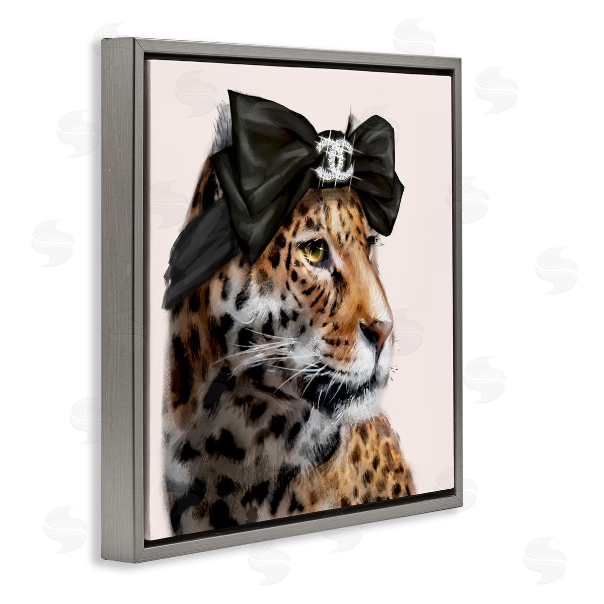 Ziwei Li Fashion Leopard Chic Animal Black Bow Glam Gray Floating Frame Canvas Wall Art Print
