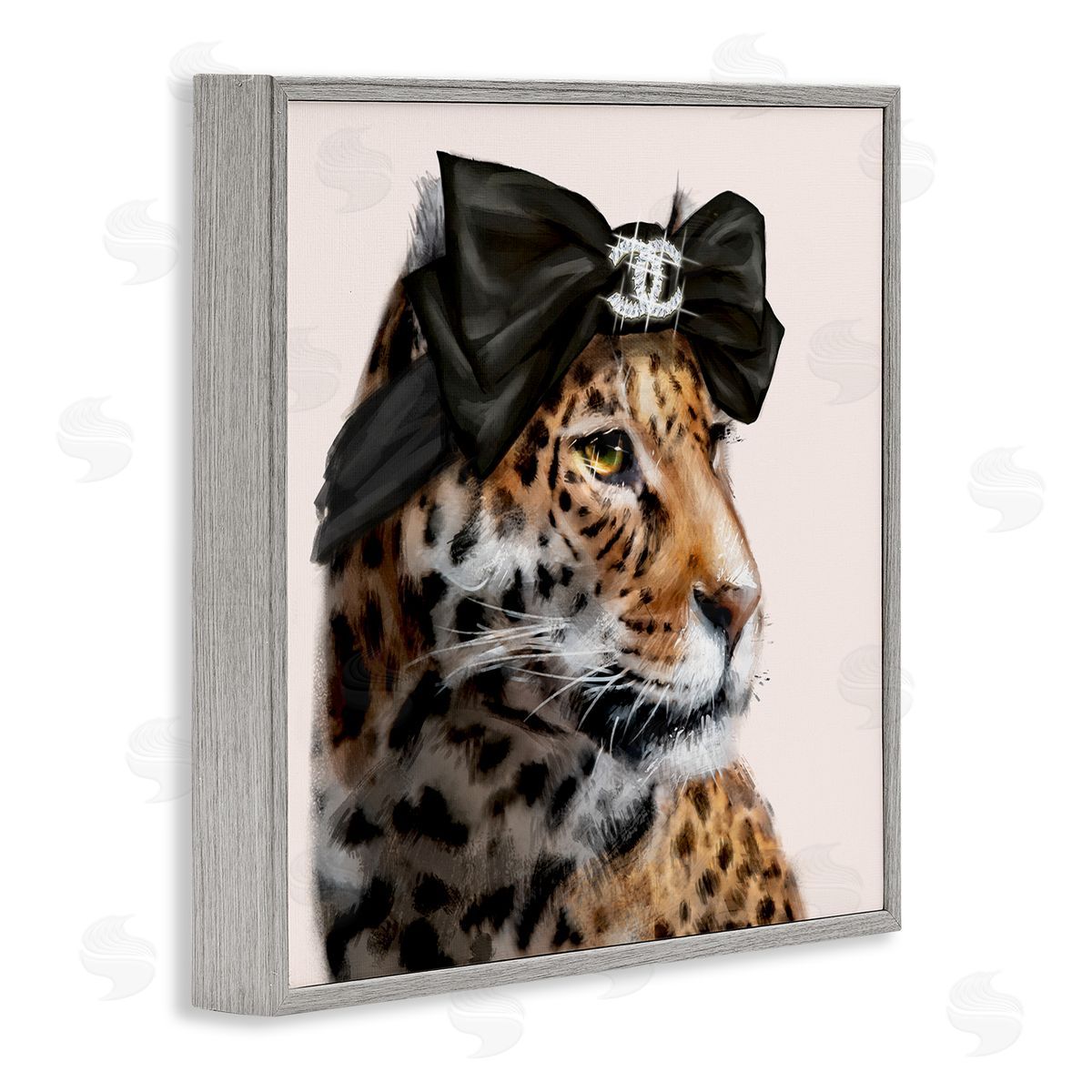 Ziwei Li Fashion Leopard Chic Animal Black Bow Glam Gray Framed Glicee Wall Art Print