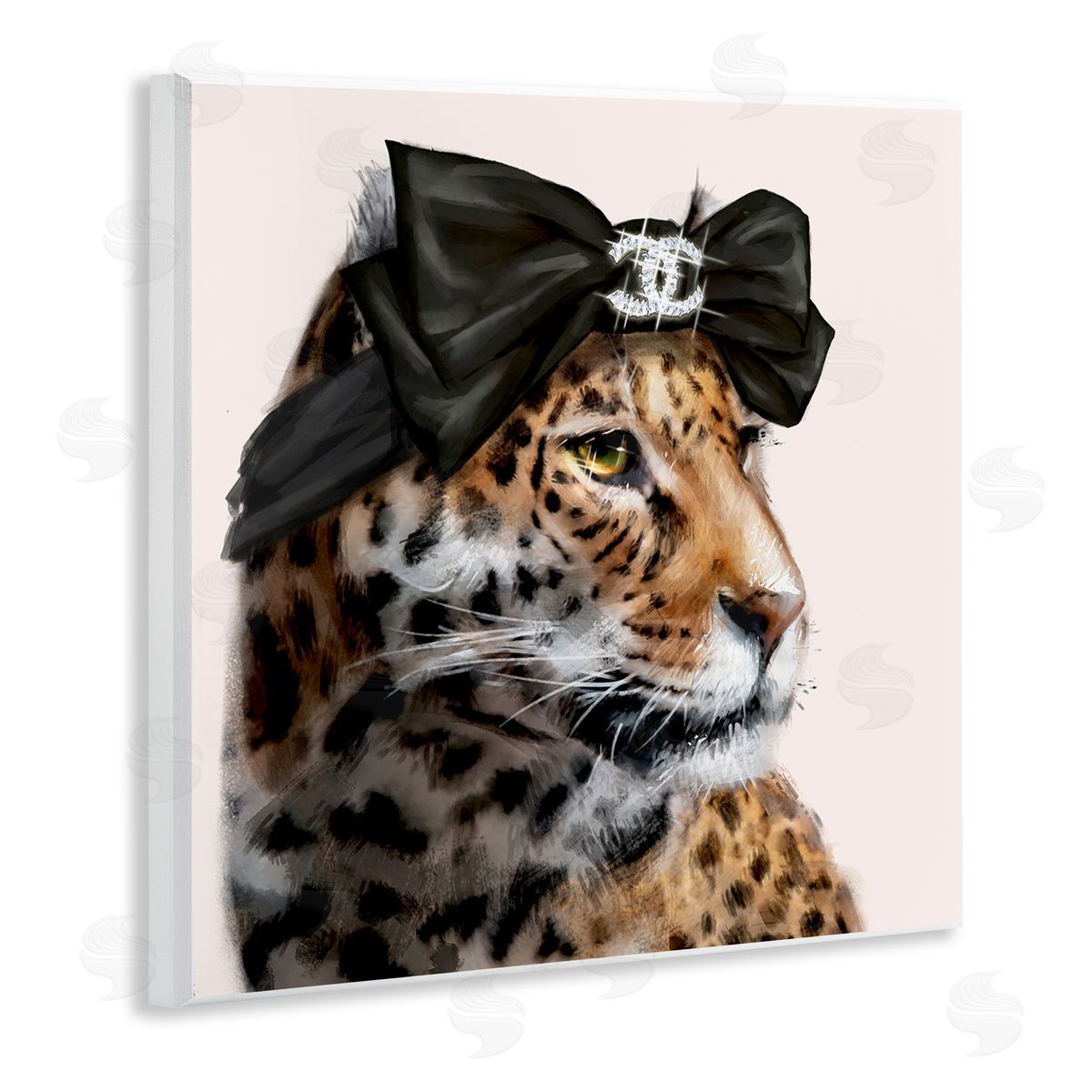 Ziwei Li Fashion Leopard Chic Animal Black Bow Glam Wooden Wall Plaque Art Print