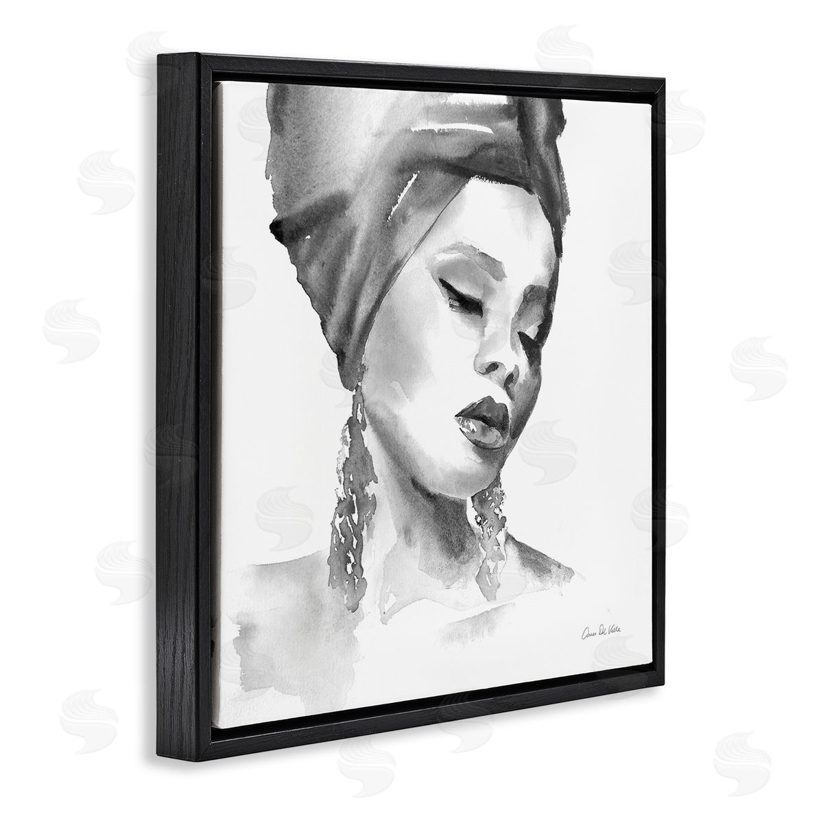 Aimee Del Valle Woman With Headwrap Soft Watercolor Portrait Painting Black Floating Frame Canvas Wall Art Print