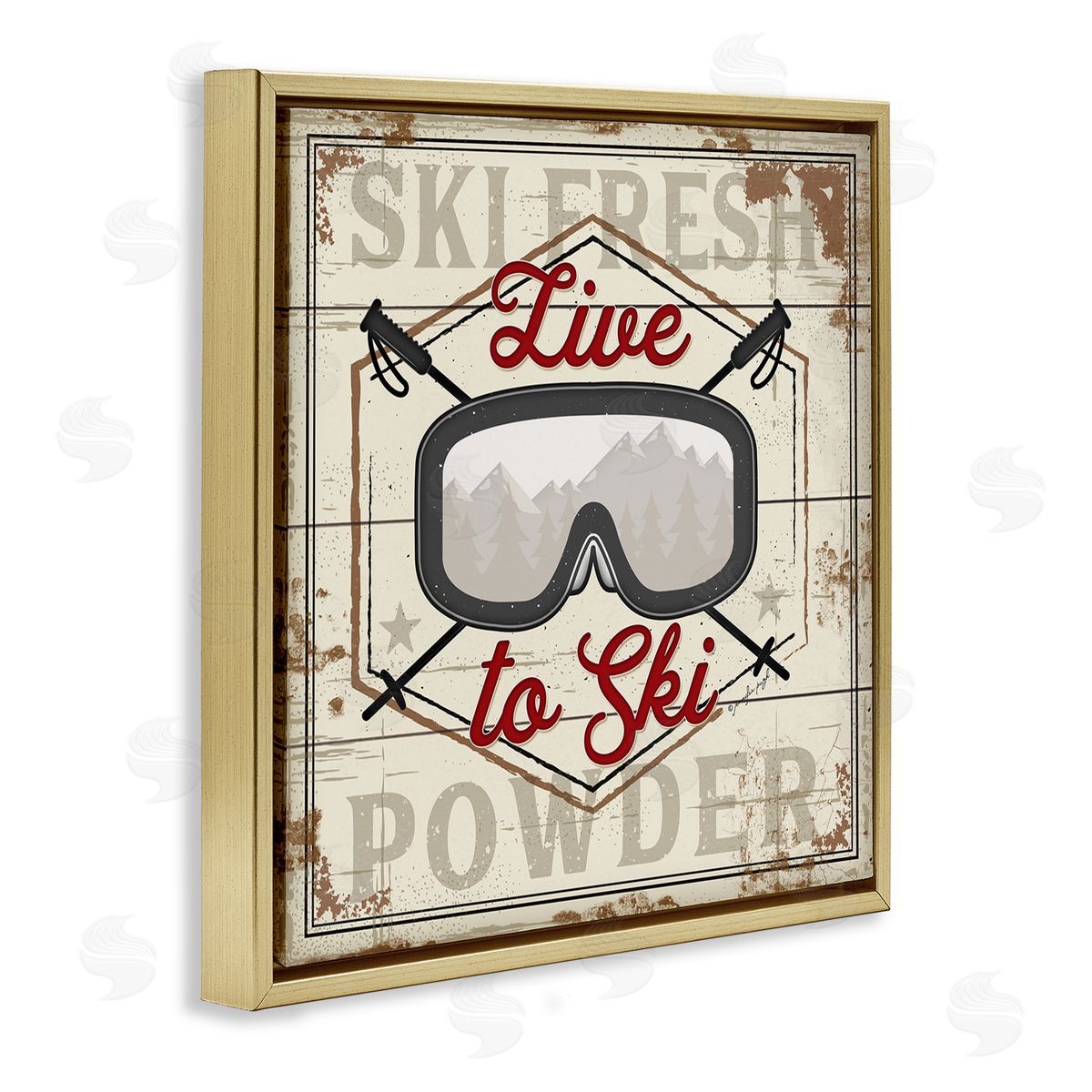 Jennifer Pugh Live To Ski Sport Goggles Fresh Powder Gold Floating Frame Canvas Wall Art Print
