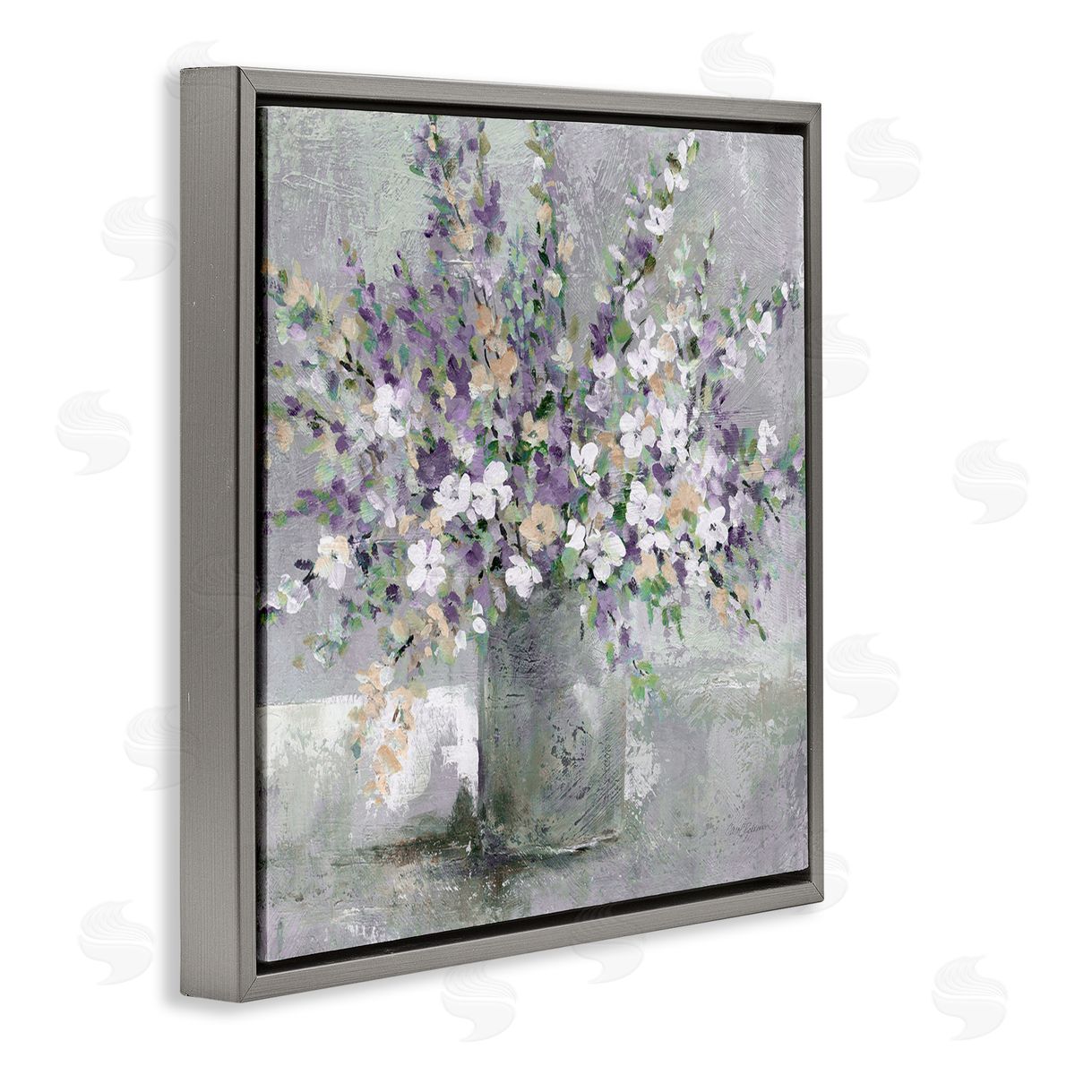 Blossoming Aster Flower Bouquet Grey Floating Frame Canvas Wall Art, Home Decor by Carol Robinson