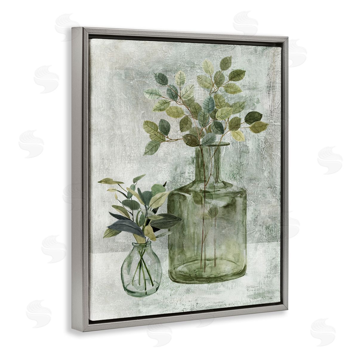Herbal Plants with Green Leaves Grey Floating Frame Canvas Wall Art, Home Decor by Carol Robinson