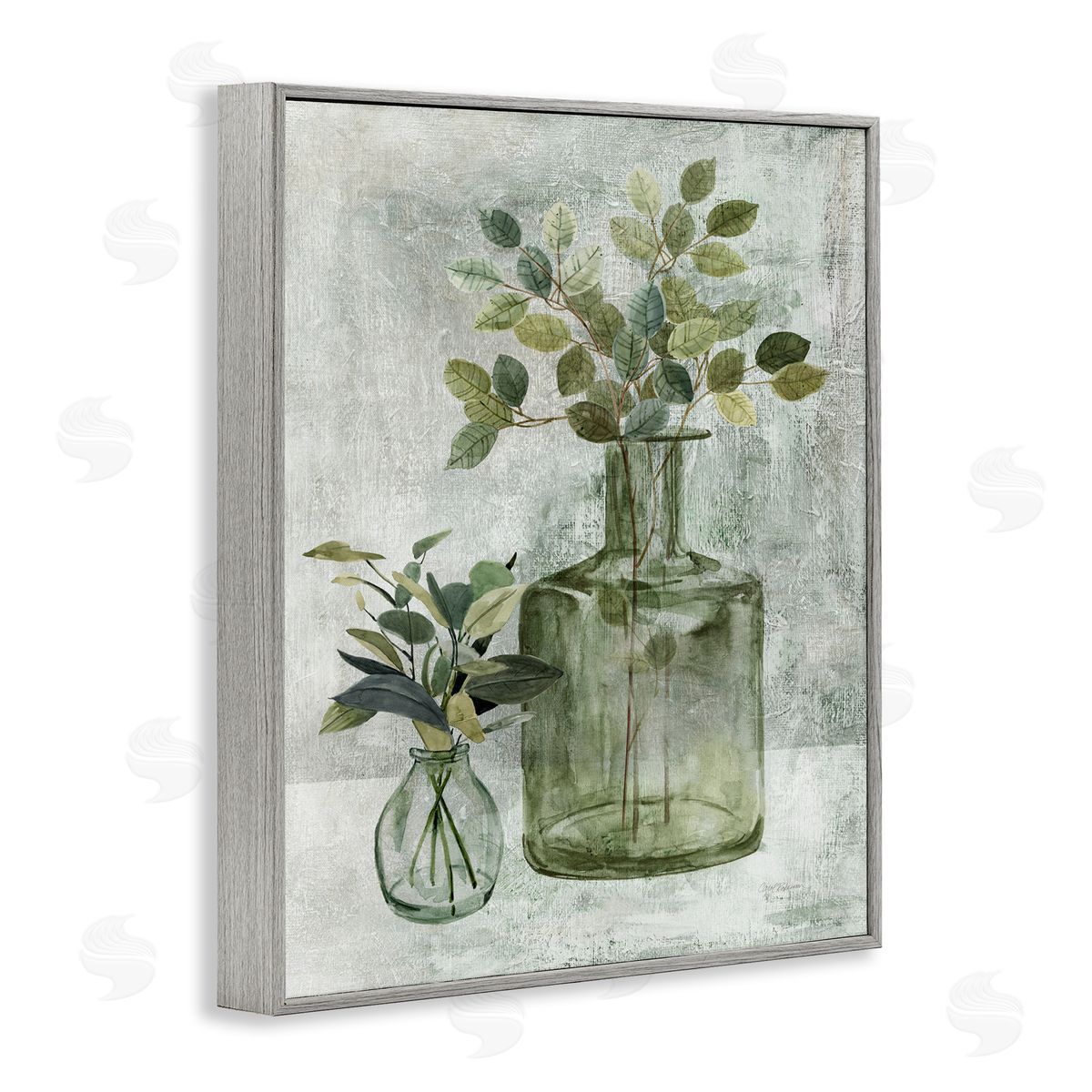 Herbal Plants with Green Leaves Grey Frame Print Wall Art, Home Decor by Carol Robinson