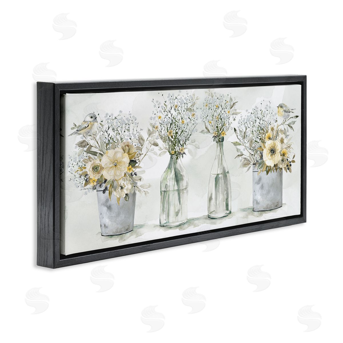 Songbirds with Floral Bouquets Black Floating Frame Canvas Wall Art, Home Decor by Carol Robinson