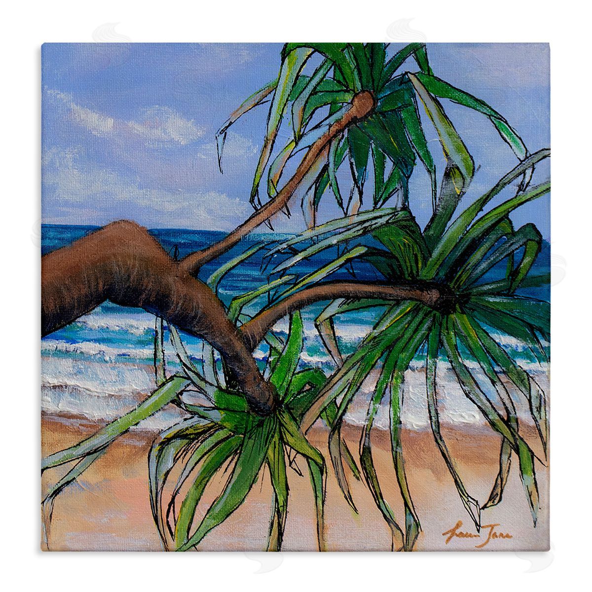 Lauren Jane Beach Coast Palm Tree Leaning Plant Ocean Painting Stretched Canvas Wall Art Print
