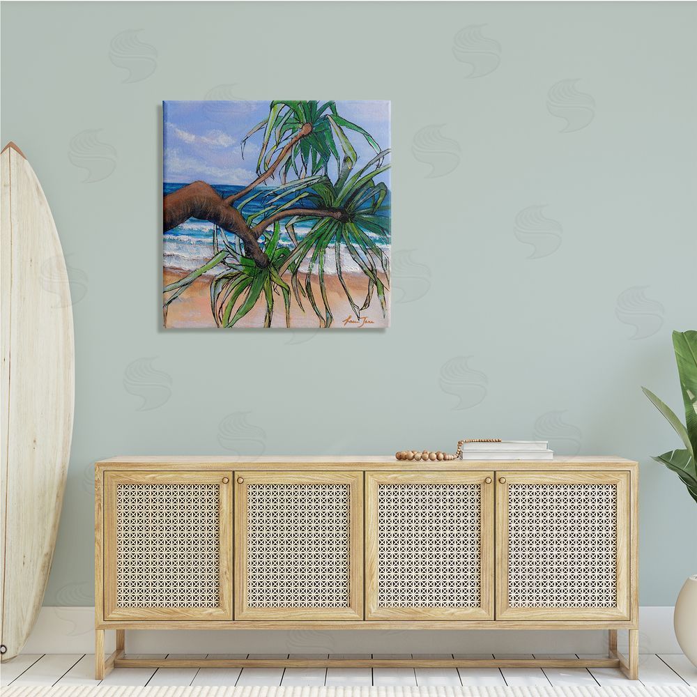 Lauren Jane Beach Coast Palm Tree Leaning Plant Ocean Painting Canvas Wall Art in Room