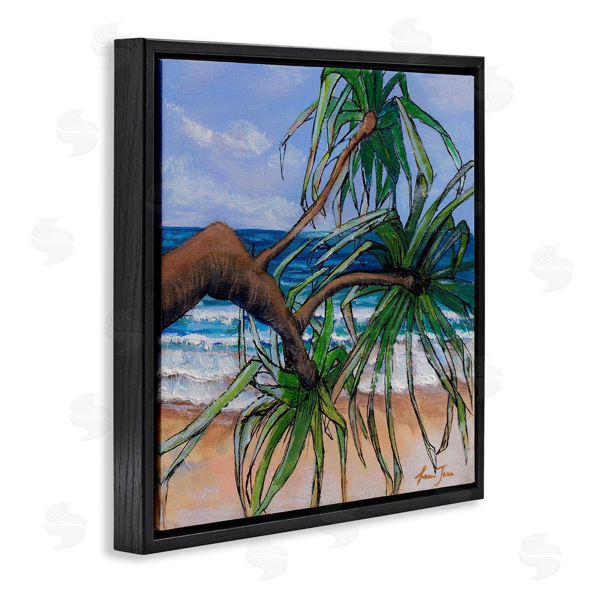 Lauren Jane Beach Coast Palm Tree Leaning Plant Ocean Painting Black Floating Frame Canvas Wall Art Print