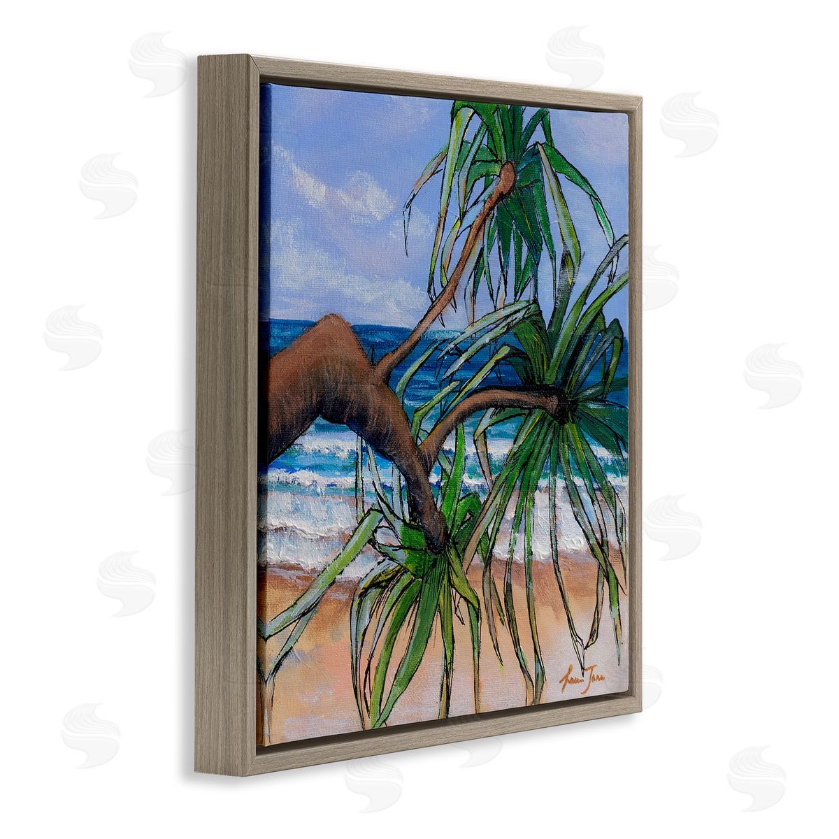 Lauren Jane Beach Coast Palm Tree Leaning Plant Ocean Painting Brown Floating Frame Canvas Wall Art Print