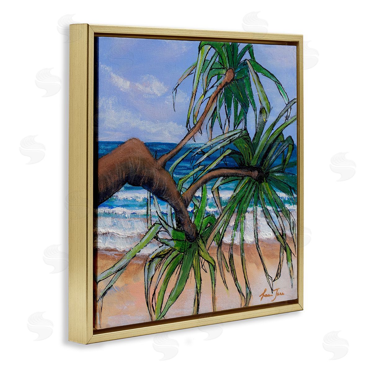 Lauren Jane Beach Coast Palm Tree Leaning Plant Ocean Painting Gold Floating Frame Canvas Wall Art Print