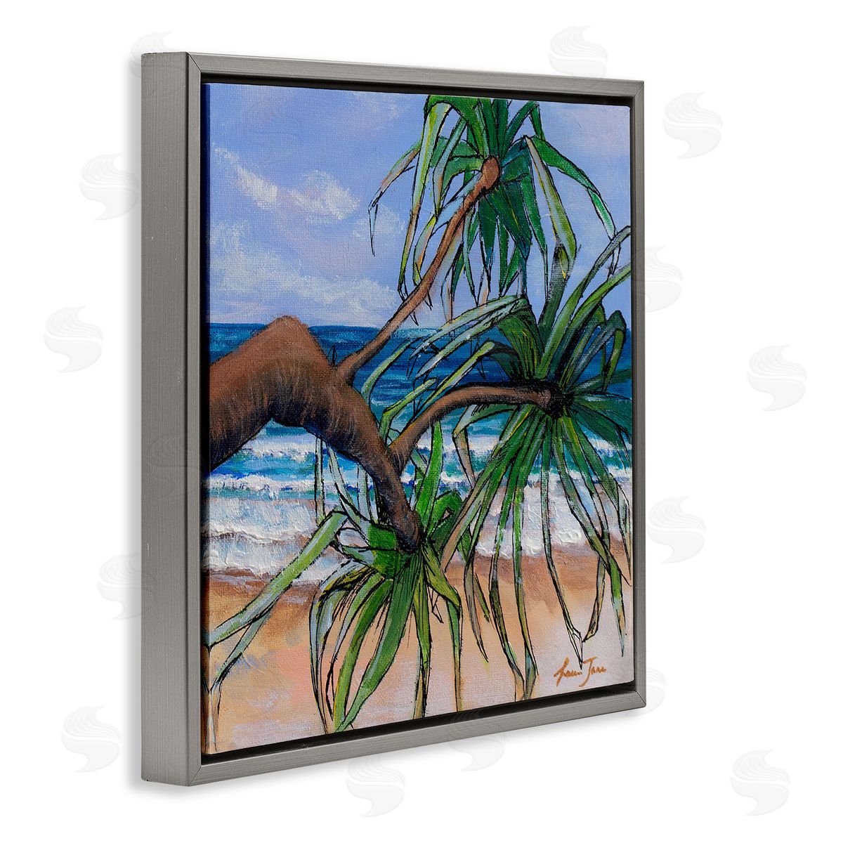 Lauren Jane Beach Coast Palm Tree Leaning Plant Ocean Painting Gray Floating Frame Canvas Wall Art Print