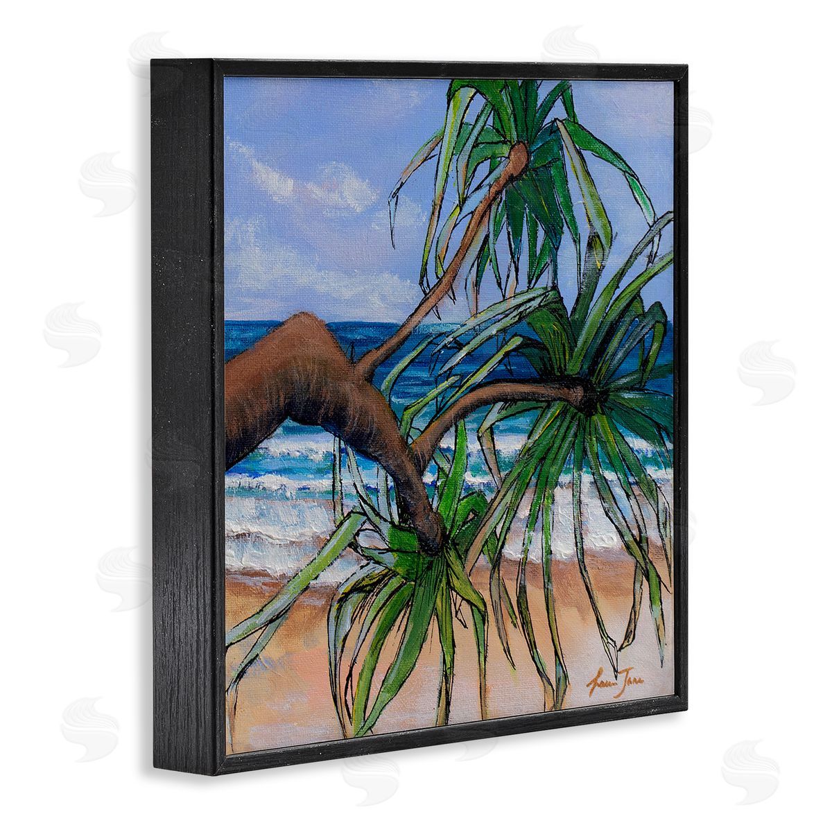 Lauren Jane Beach Coast Palm Tree Leaning Plant Ocean Painting Black Framed Glicee Wall Art Print