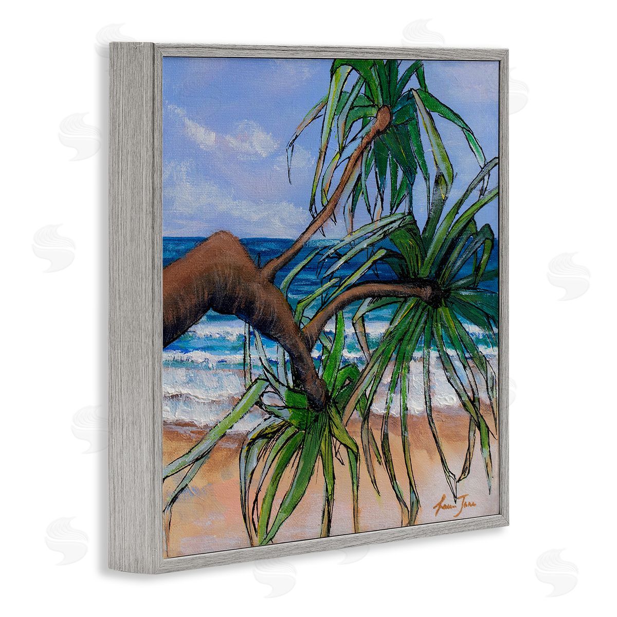 Lauren Jane Beach Coast Palm Tree Leaning Plant Ocean Painting Gray Framed Glicee Wall Art Print