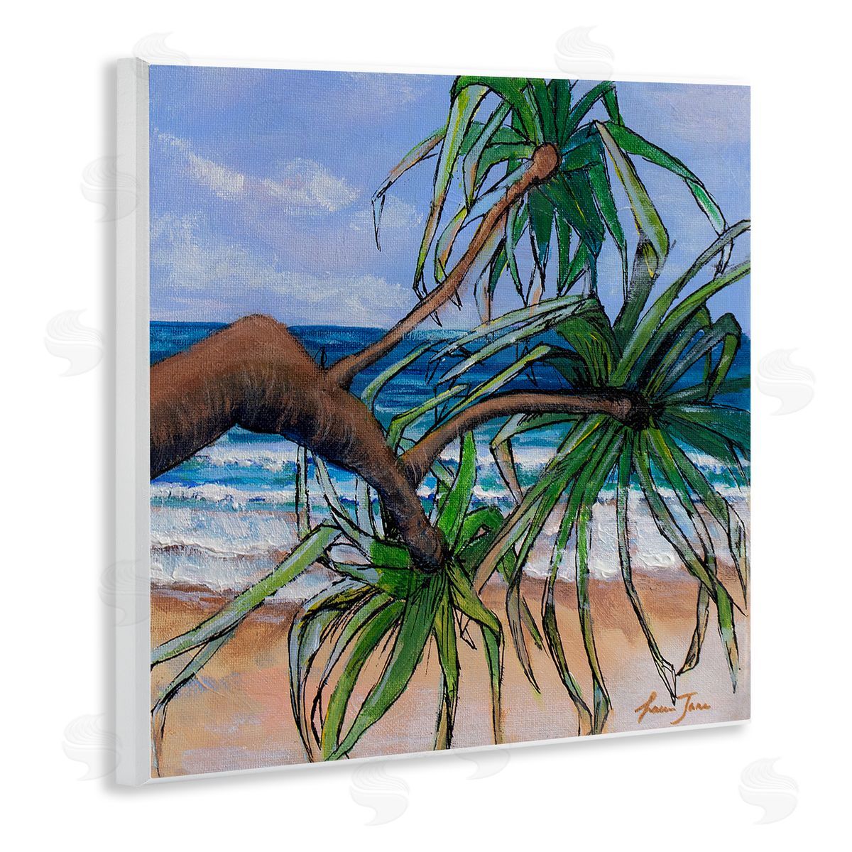 Lauren Jane Beach Coast Palm Tree Leaning Plant Ocean Painting Wooden Wall Plaque Art Print