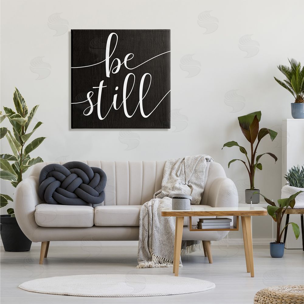Stupell Studio Be Still Family Phrase Minimal Calligraphy Black White Canvas Wall Art in Room