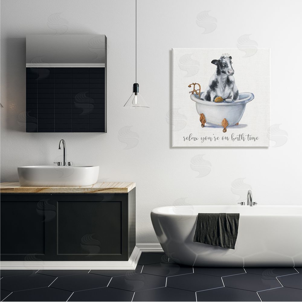 Donna Brooks Relax You're On Bath Time Dairy Cow Tub Canvas Wall Art in Room