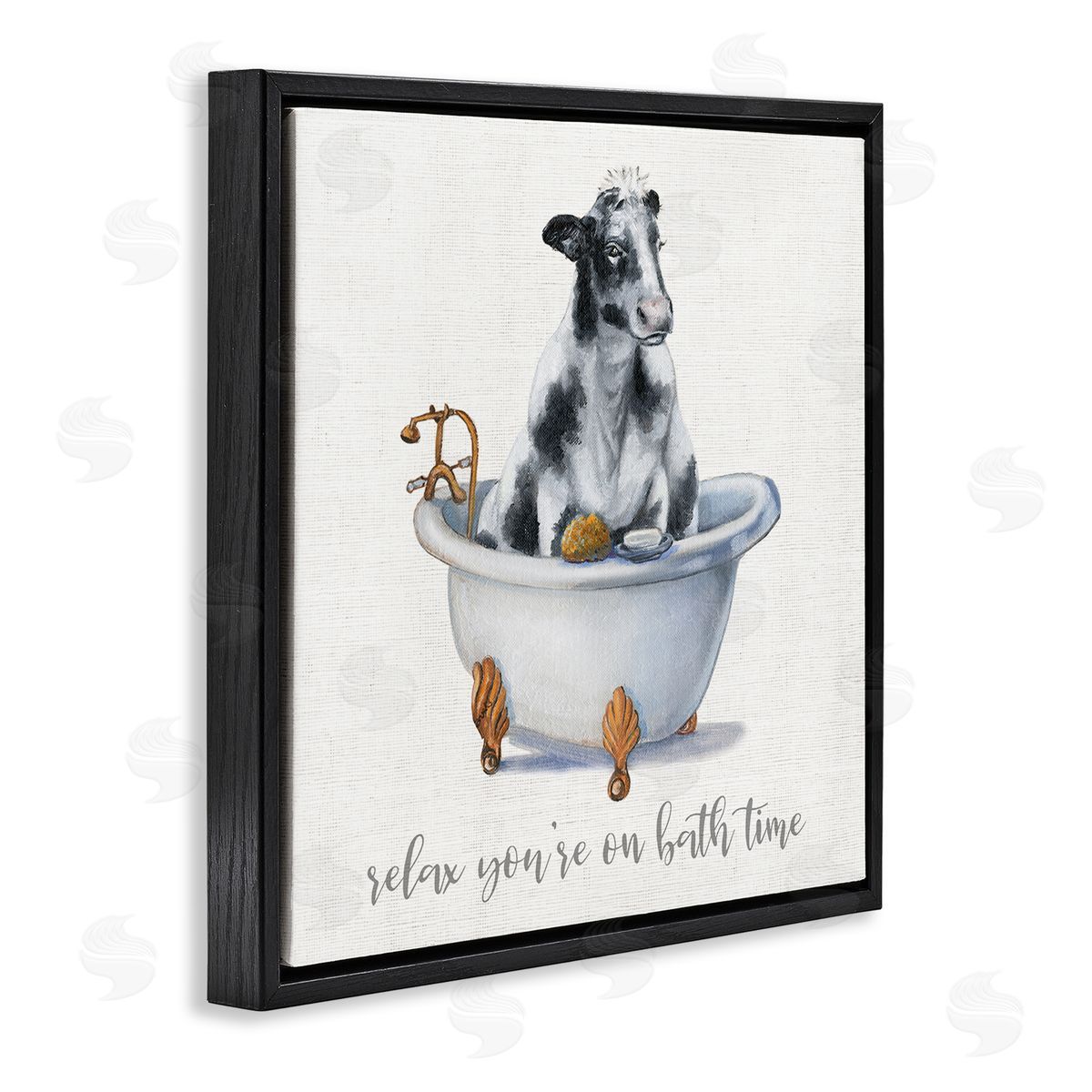 Donna Brooks Relax You're On Bath Time Dairy Cow Tub Black Floating Frame Canvas Wall Art Print