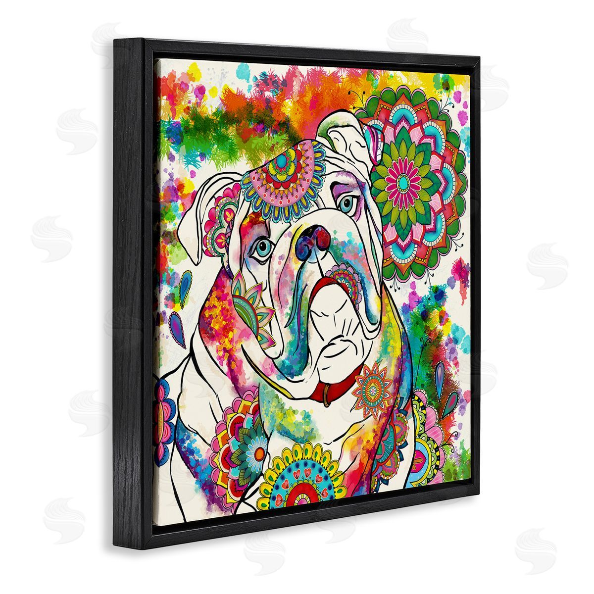 Sangita Bachelet Pet Bulldog Portrait Vibrant Medallion Boho Pattern Black Floating Frame Canvas Wall Art Print