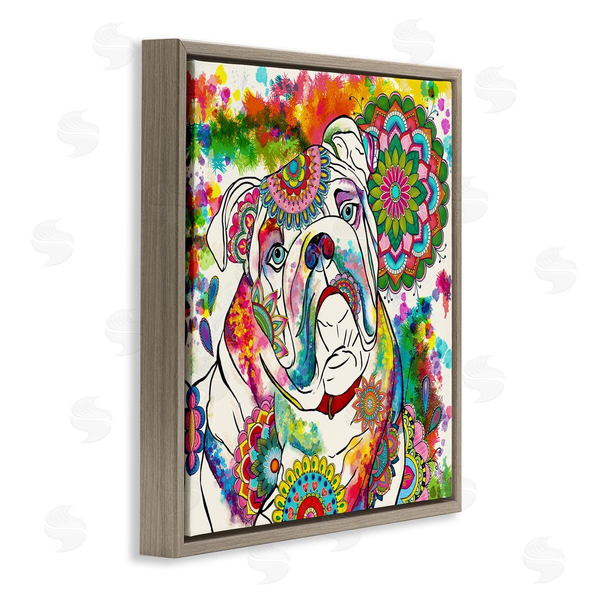 Sangita Bachelet Pet Bulldog Portrait Vibrant Medallion Boho Pattern Brown Floating Frame Canvas Wall Art Print