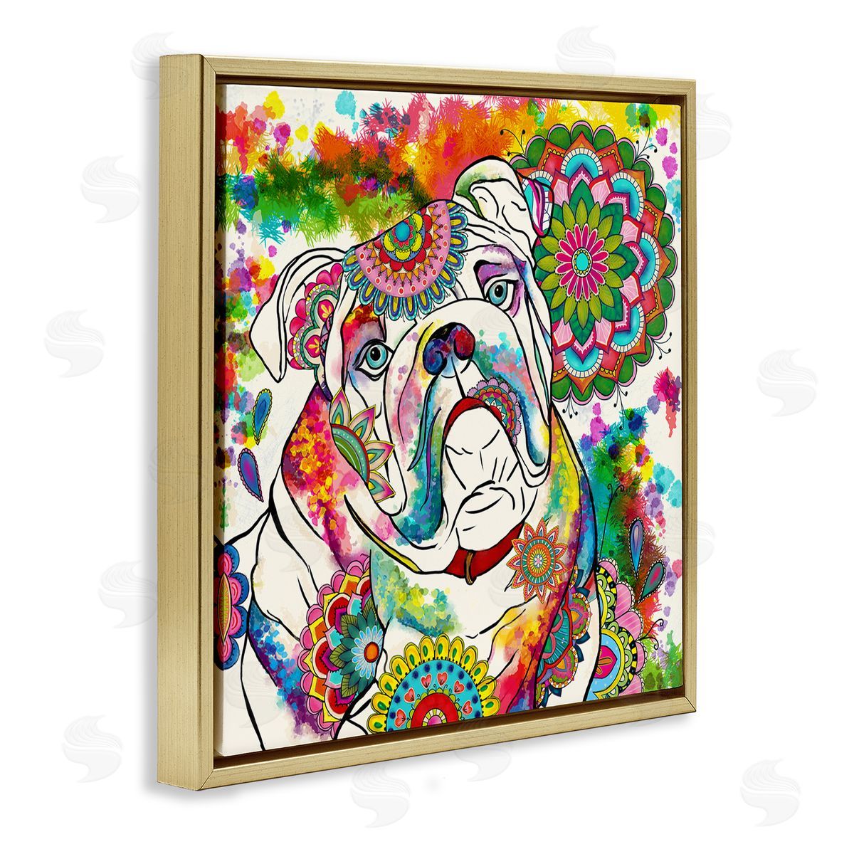 Sangita Bachelet Pet Bulldog Portrait Vibrant Medallion Boho Pattern Gold Floating Frame Canvas Wall Art Print