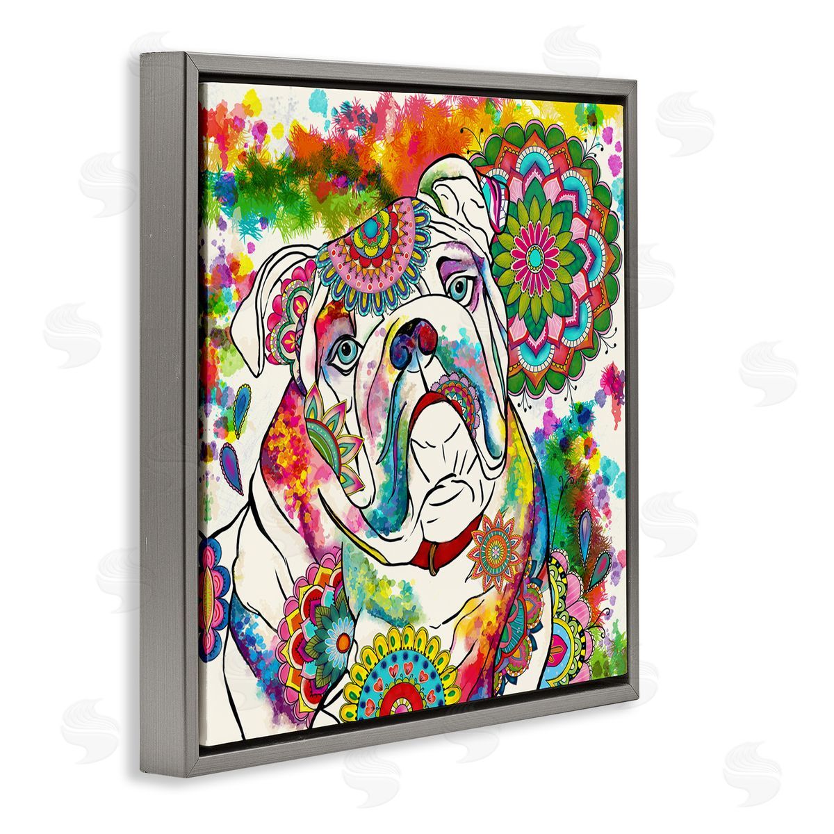 Sangita Bachelet Pet Bulldog Portrait Vibrant Medallion Boho Pattern Gray Floating Frame Canvas Wall Art Print