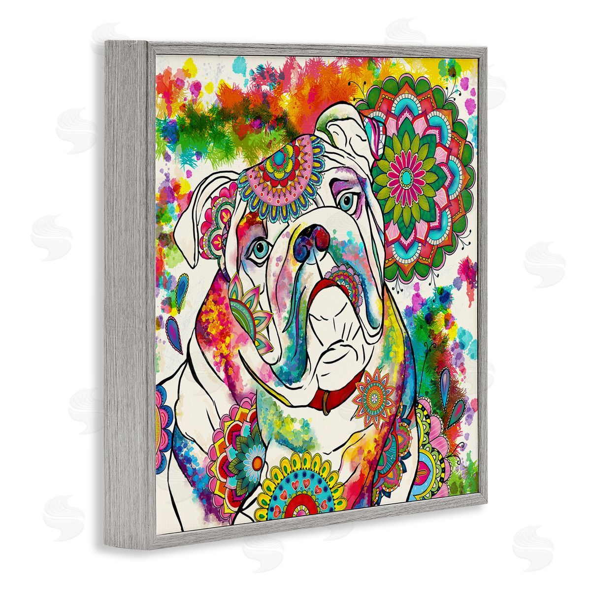 Sangita Bachelet Pet Bulldog Portrait Vibrant Medallion Boho Pattern Gray Framed Glicee Wall Art Print