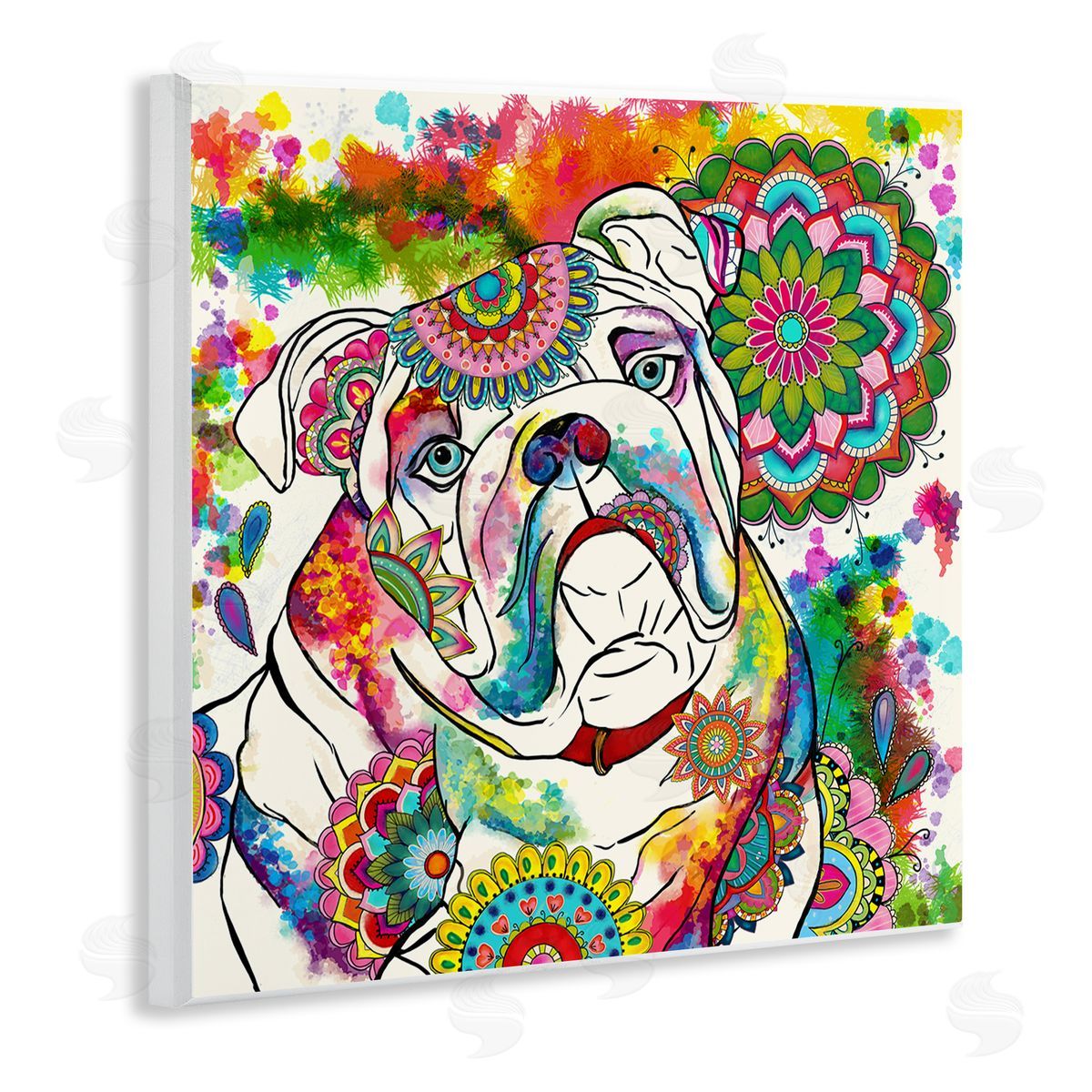 Sangita Bachelet Pet Bulldog Portrait Vibrant Medallion Boho Pattern Wooden Wall Plaque Art Print